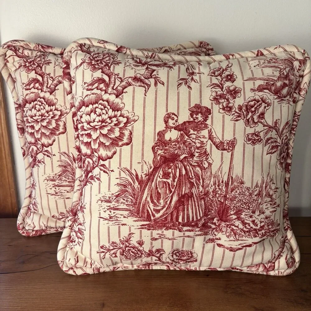 Set of 2 Red Toile Pillows French Country Farmhouse Striped Floral